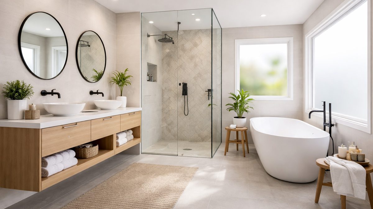 Modern bathroom renovation with double vanity, walk-in shower and freestanding bath — Scarborough Plumbing