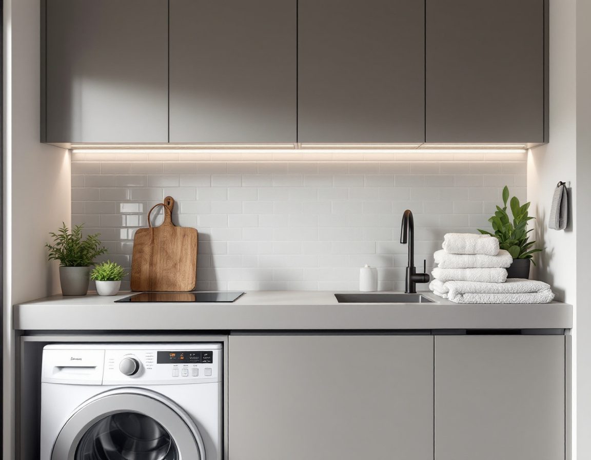 Modern laundry renovation with washing machine, tub and cabinetry — Scarborough Plumbing